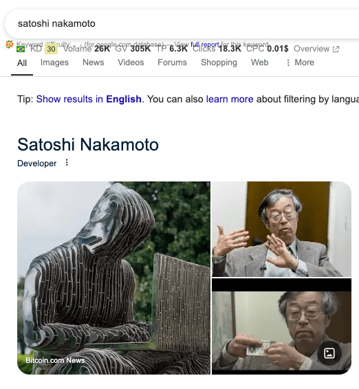 Google's Search Result for Satoshi Nakamoto''s query