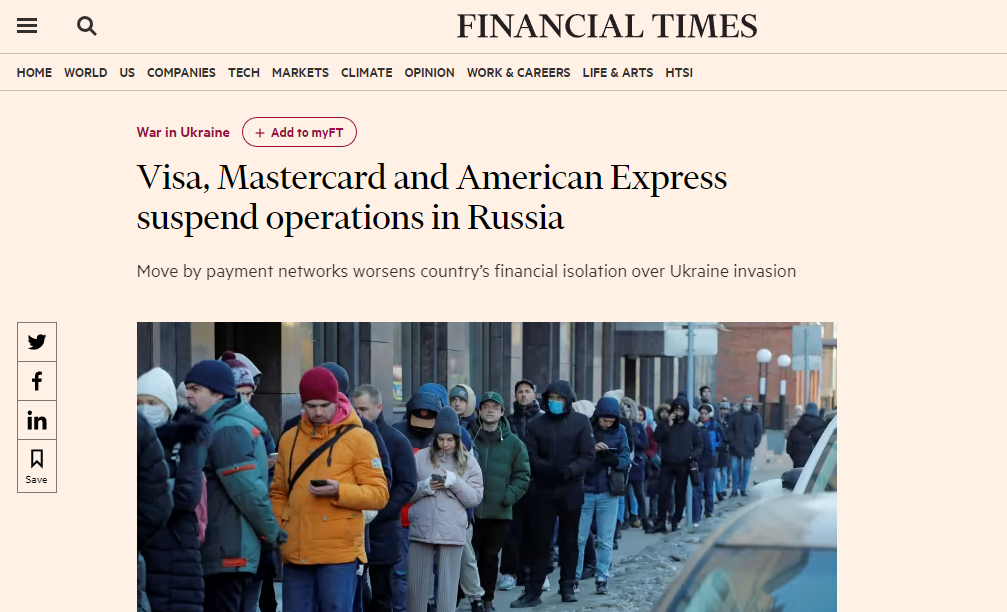 Visa, Mastercard, PayPal, and American Express suspended operations in Russia