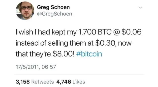 El tweet de Greg lamentando haber vendido su Bitcoin por 30 centavos