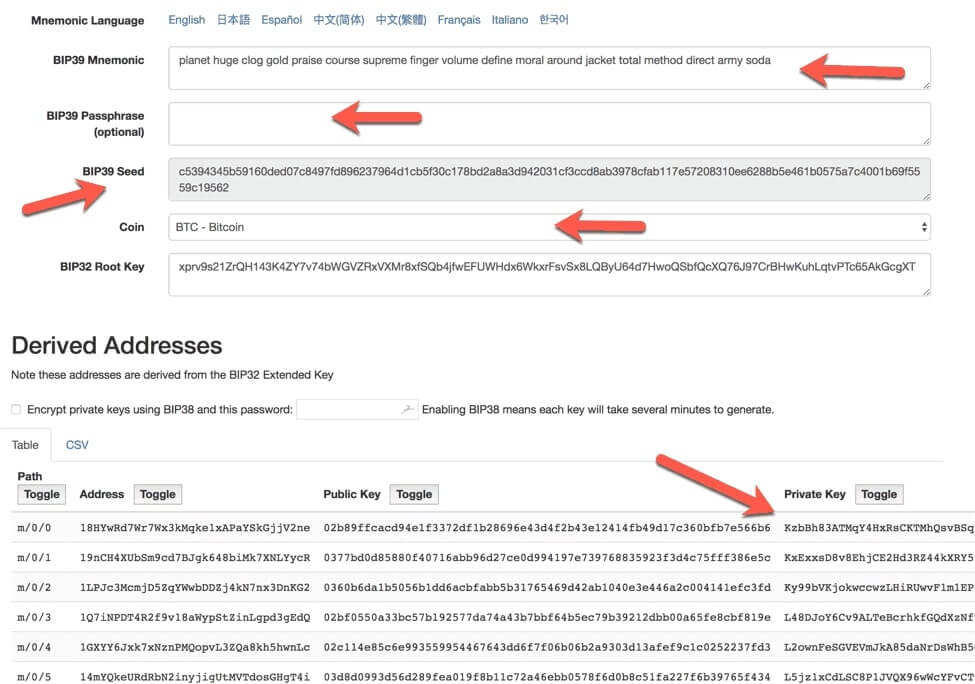 Public and private keywords in the Ian Coleman's website, after generating the seeds