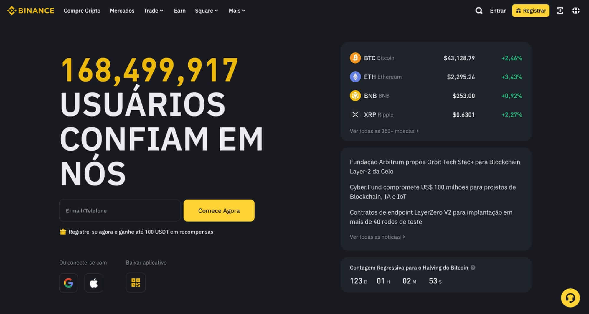 Binance's website in Portuguese