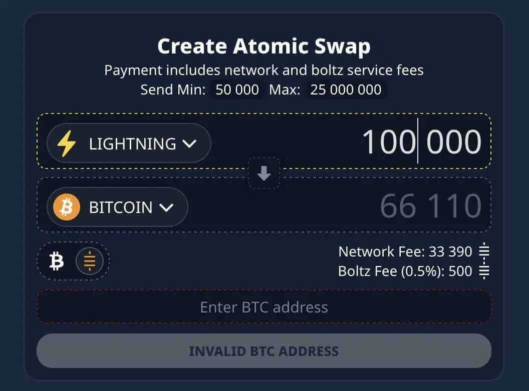 Creating atomic swap on Boltz Exchange