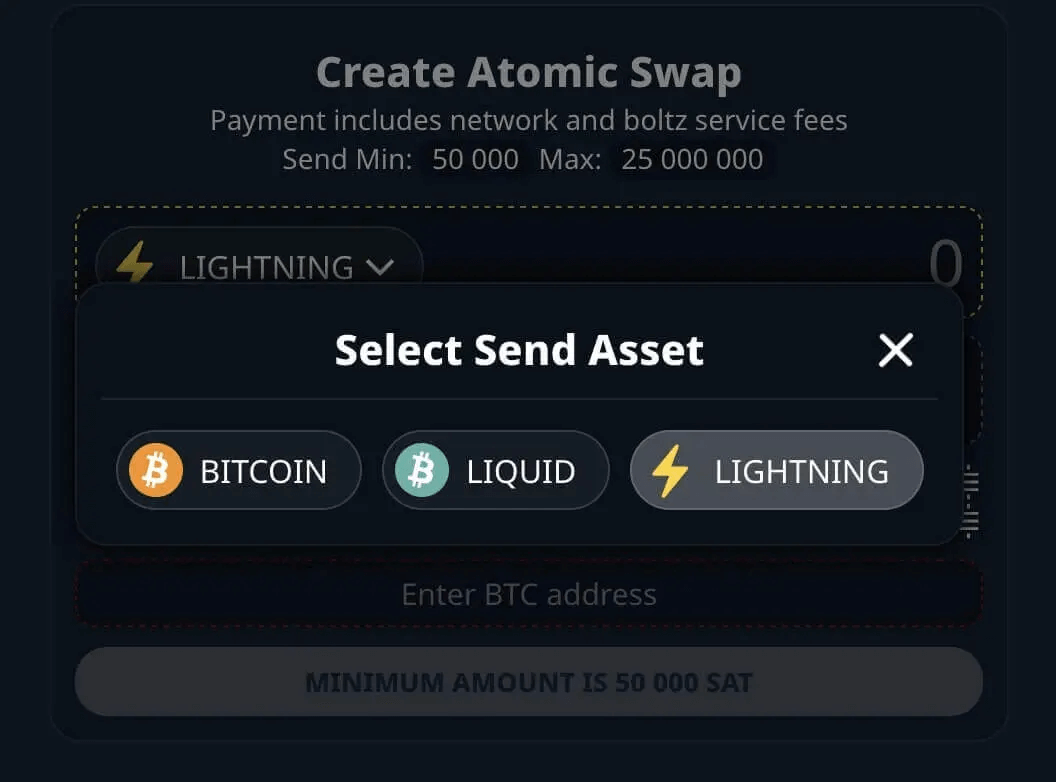 selecting send asset on Boltz Exchange