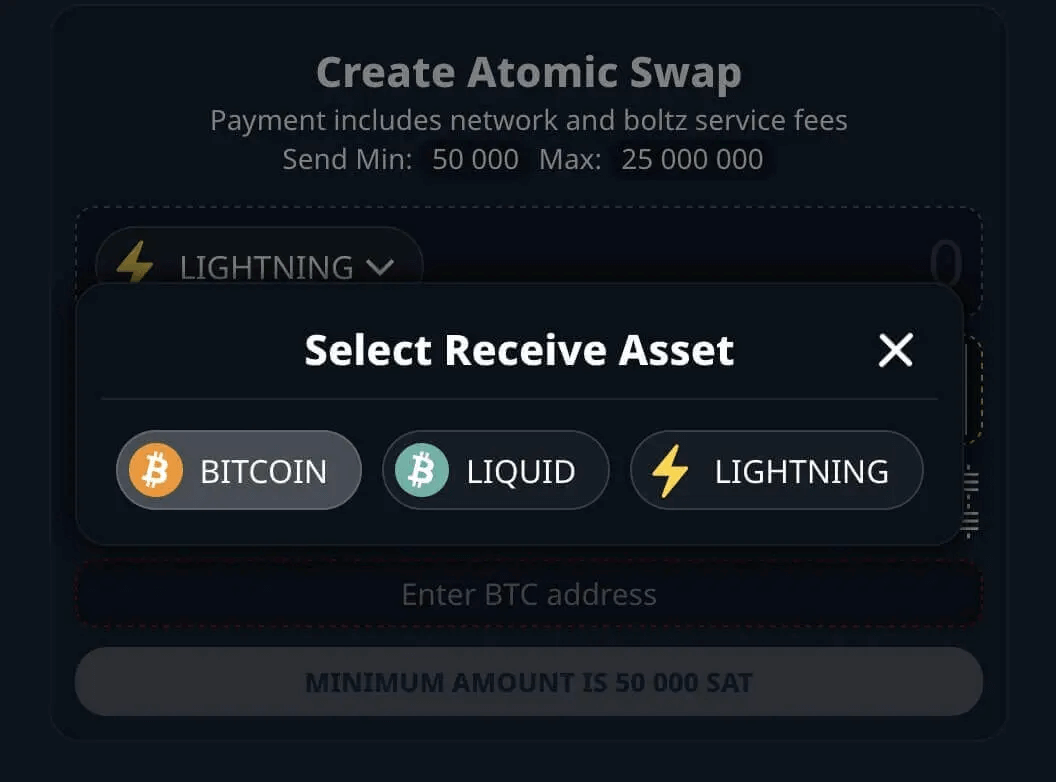 selecting receive asset on Boltz Exchange