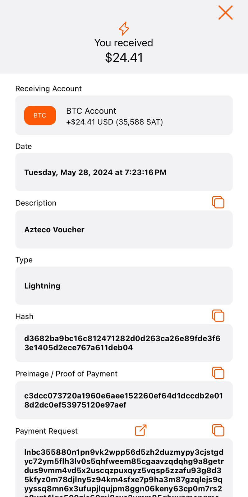 Summary of the Lightning transaction on Blink Wallet