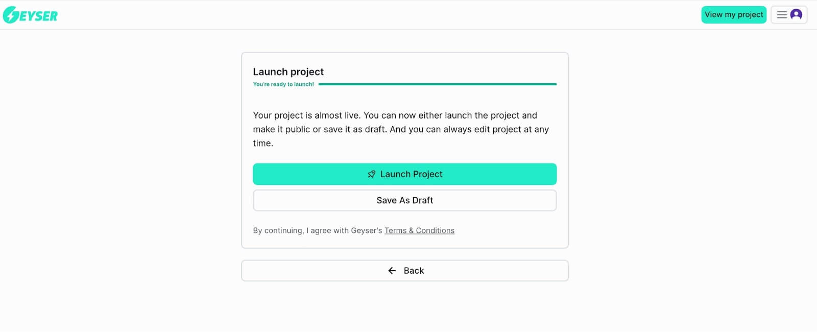 Launch project or save as draft