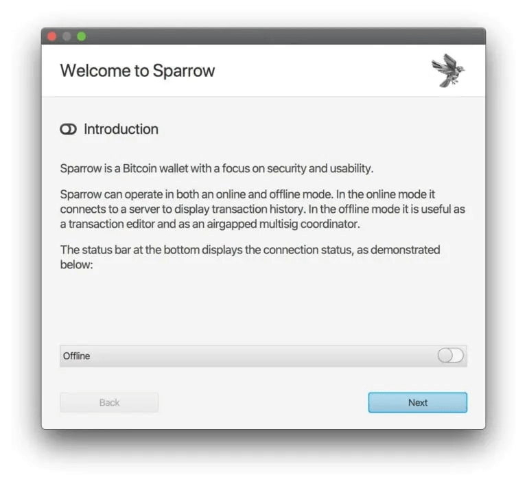 Welcome to Sparrow (First step/screen to install the wallet)