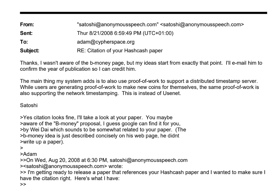 Satoshi's email to Adam saying he wasn't aware of the B-Money