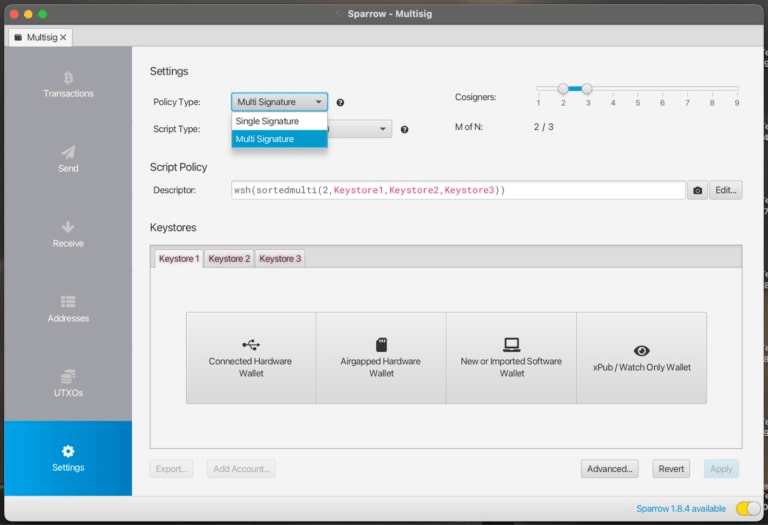 Selecting single or multi signature on Sparrow Wallet