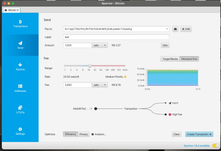 Sending a transaction in Sparrow