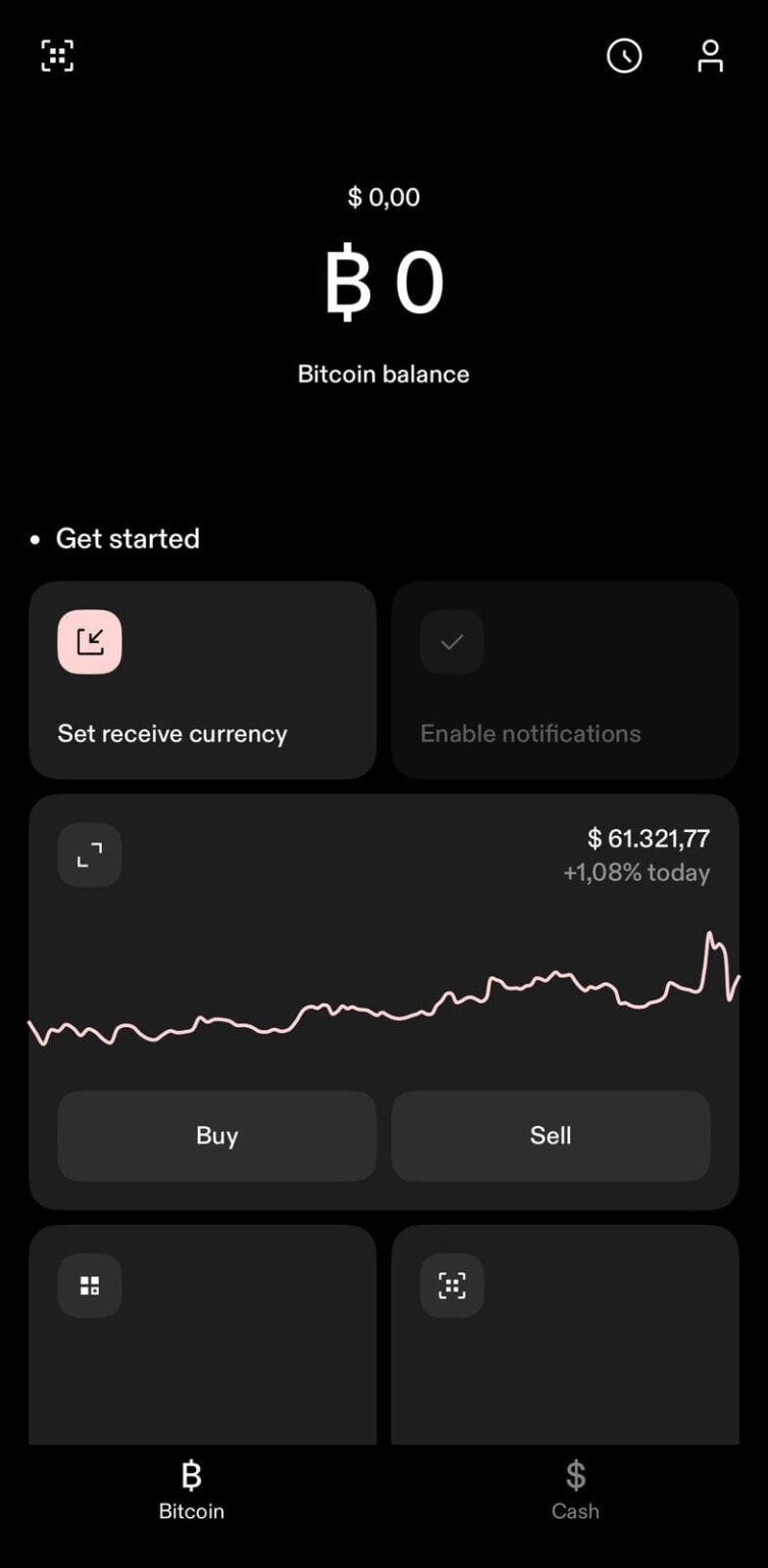 The first screen of your wallet (showing your Bitcoin balance)