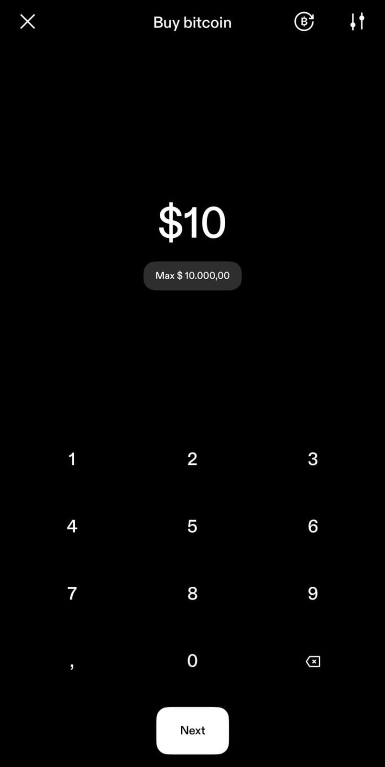 Selecting the purchase amount of Bitcoin in dollars on the Strike app