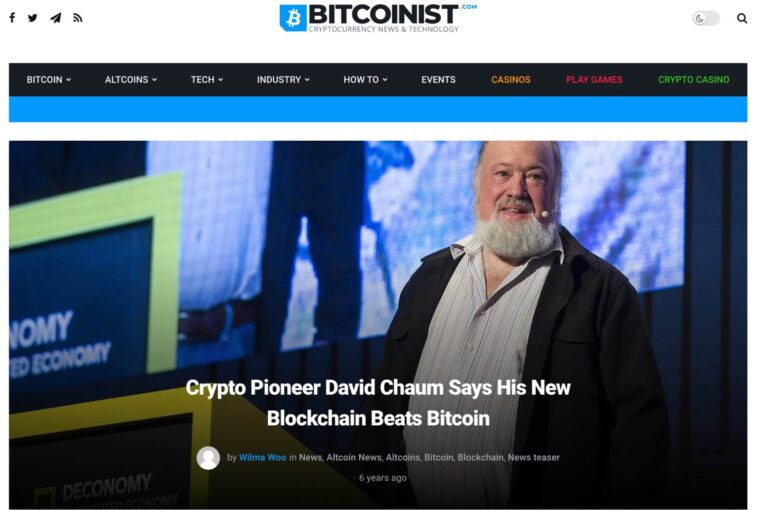 a notice about David Chaum and his new blockchain