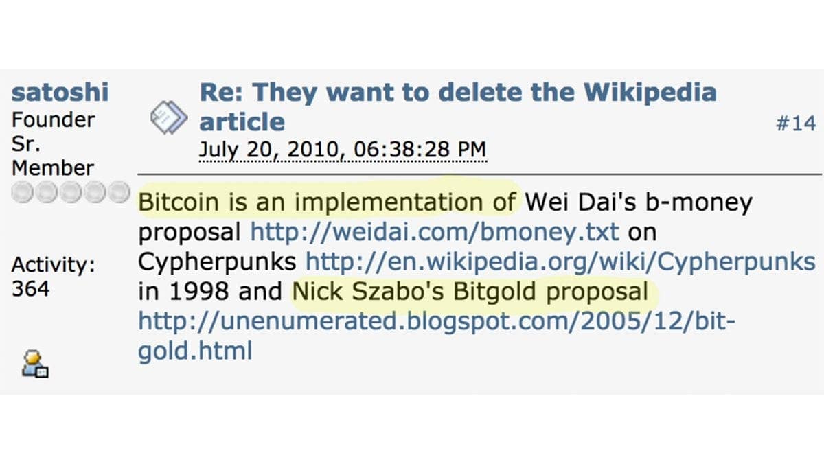 Satoshi Nakamoto's post mentioning Nick Szabo and Wei Dai