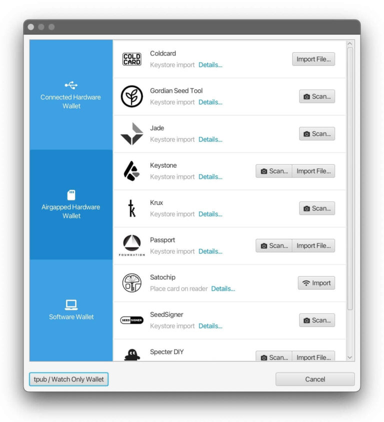 Selecting a air-gapped wallet on Sparrow