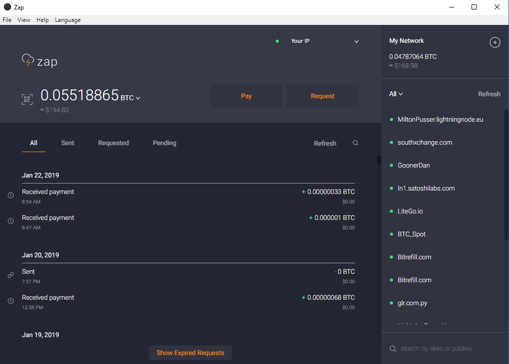 zap wallet's dashboard