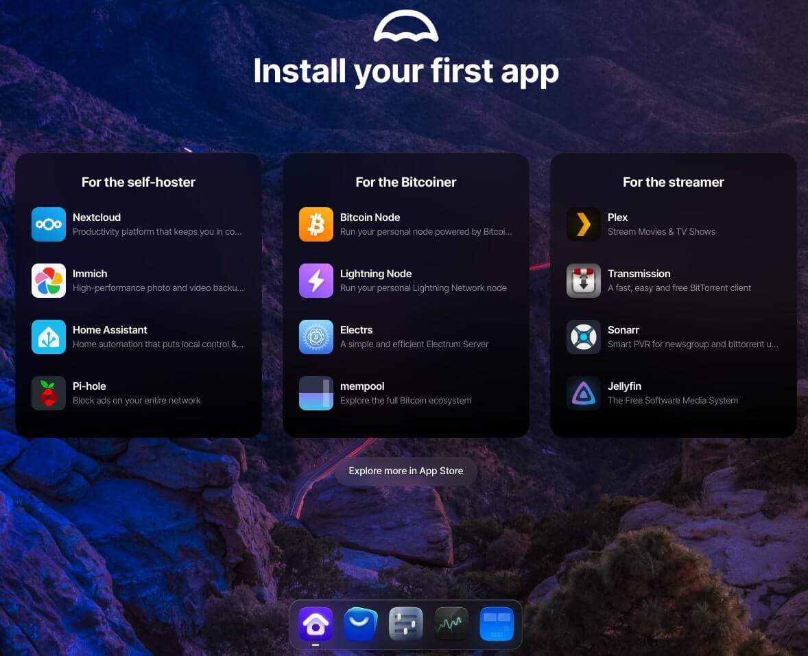 Page to install your first app on umbrelOS