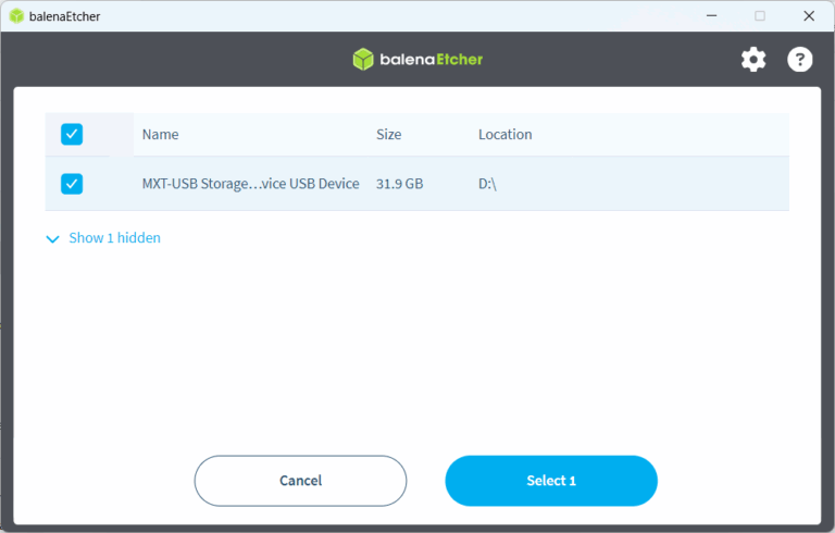 selecting device on balenaEtcher