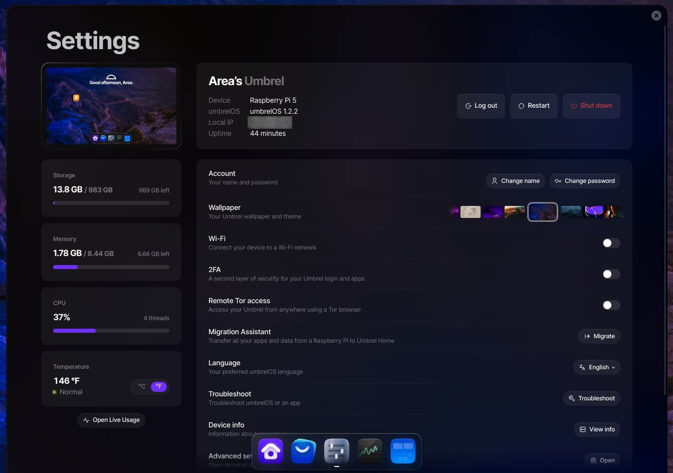 Settings section showing Storage, CPU, Memory and temperature of your device