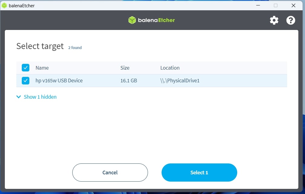 Selecting target (balenaEtcher)