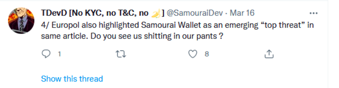 Samourai Wallet's CTO post on X