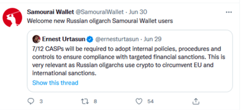 Samourai Wallet's post on X about Russian Oligarch users