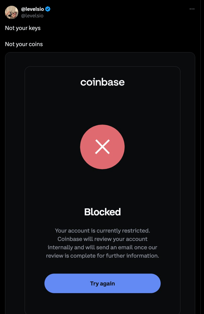 a user sharing their experience of being blocked in Coinbase