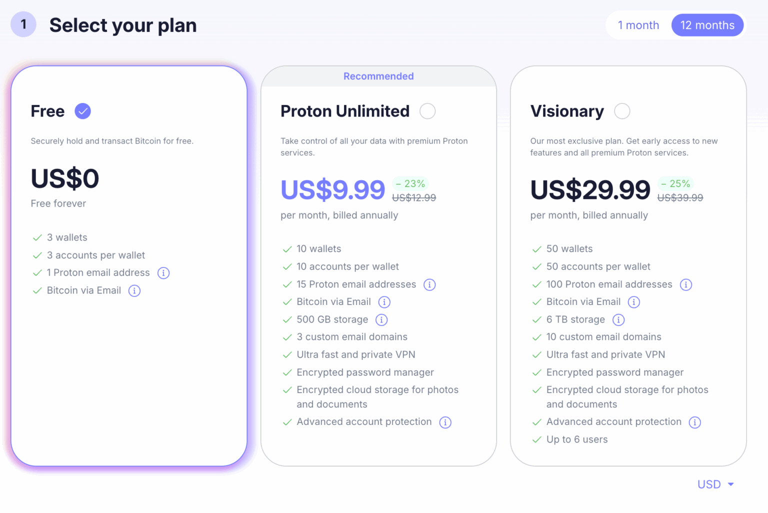 Proton Wallet's available plans